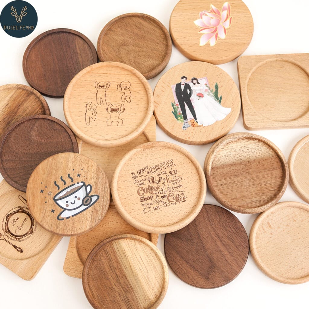 Assortment of custom engraved wood drink coasters. Wholesale and distribution available.