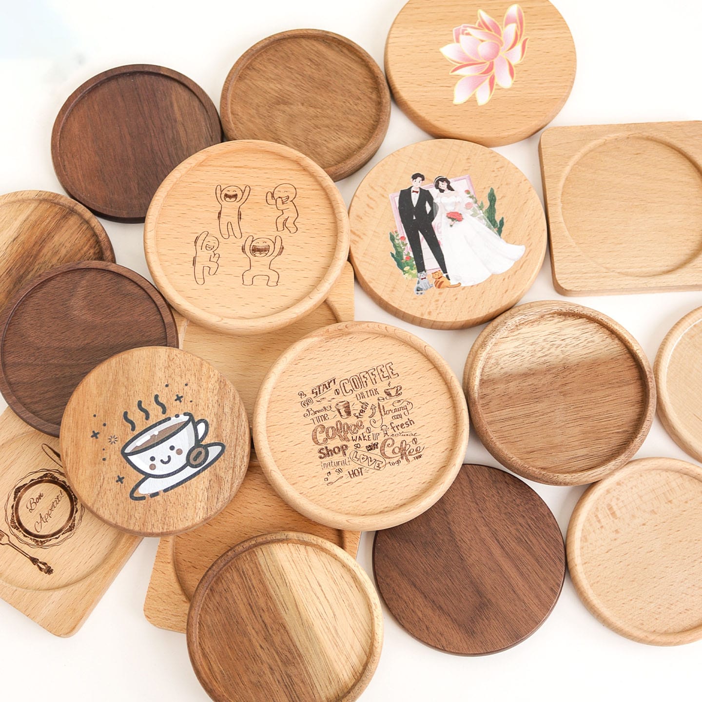 Custom Logo Engraved Wood Drink Coasters: Set of assorted round and square wood coasters with various engraved designs, perfect for wholesale and distribution.