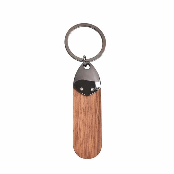 Wooden keychain with metal ring and top. Wholesale wooden keychains available.