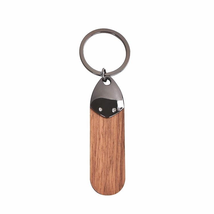 Wooden keychain with metal ring and top. Wholesale wooden keychains available.