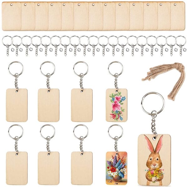 Wood keychain blanks wholesale : 15 blank rectangle wooden keychains with key rings and jump rings, perfect for DIY crafts.