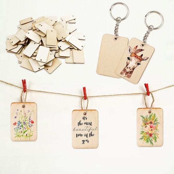 Wholesale wood keychain blanks: Blank rectangle wooden keychains, perfect for crafting. Includes decorated examples.