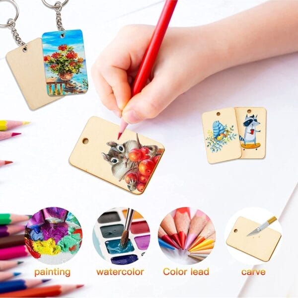 Wholesale Wood Keychain Blanks: Blank rectangle wooden keychains, perfect for DIY crafts, painting, and carving. Great for kids' crafts and personalized gifts.