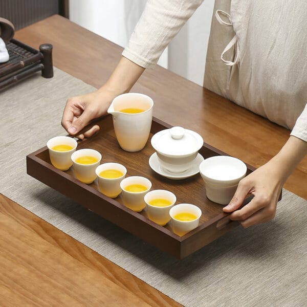 Wooden serving tray with tea set. Eco-friendly wooden tray for wholesale.