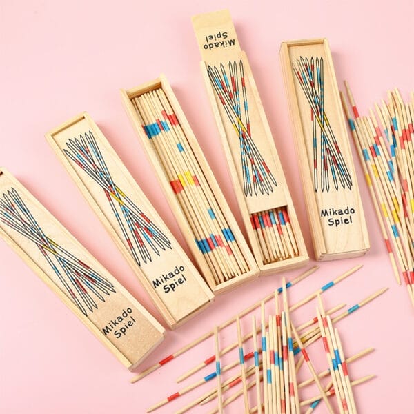 Wood sticks in boxes. Wholesale wooden pick-up sticks for distributors.