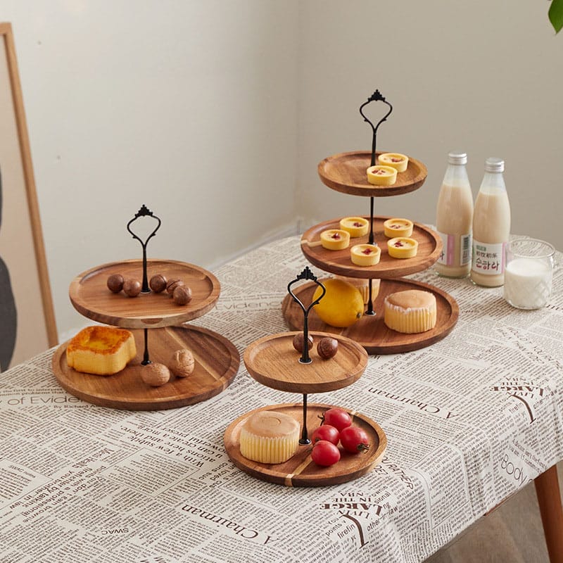 Three wood tiered tray display various treats. Double-layer design, perfect for wholesale.