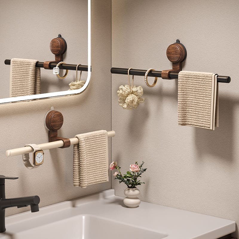 wooden towel holder bathroom suction cup towel bar, wood grain finish, holds towels and accessories