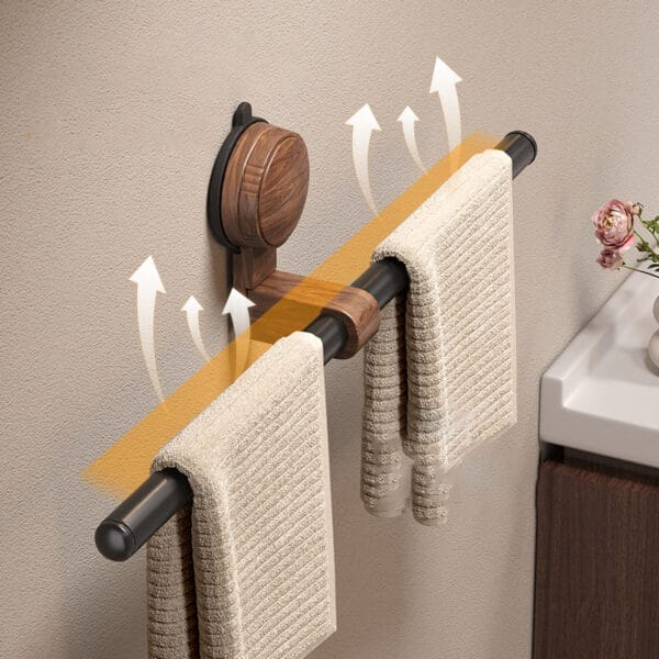 Space-saving wooden double towel bar with suction cup mount; perfect bathroom accessory.