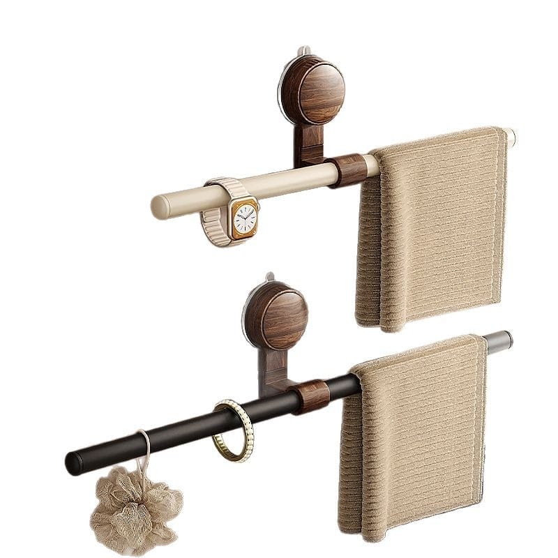 Wooden towel holder with suction cups: Beige & black bathroom organizers for towels, watches, jewelry. Wholesale & distribution available.