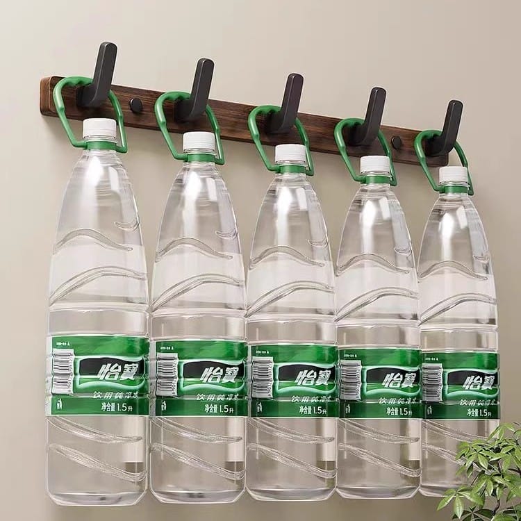 Walnut wood wall-mounted hook rack with five bottles of water, perfect for entryway storage or organizing items.