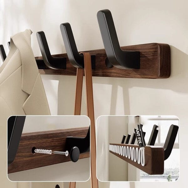 Walnut wood wall-mounted coat rack with five black metal hooks; perfect entryway organizer for coats, bags, and keys.