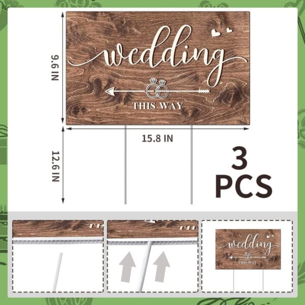 Three rustic wooden wedding directional signs with "Wedding This Way" text and arrow.