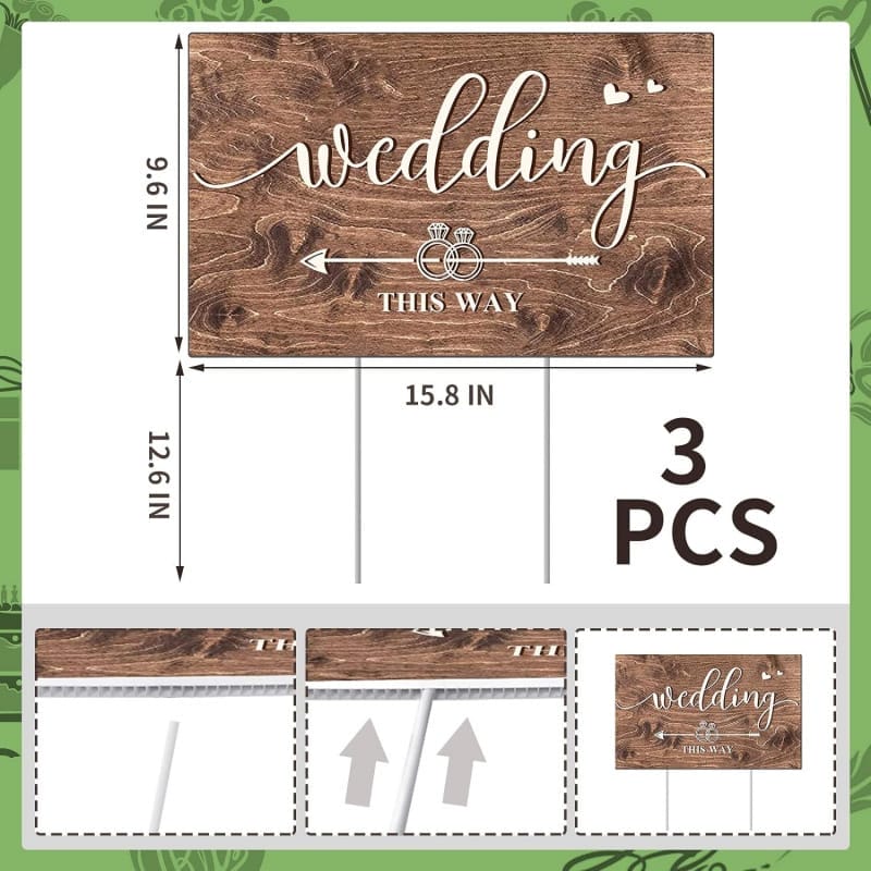 Three rustic wooden wedding directional signs with "Wedding This Way" text and arrow.