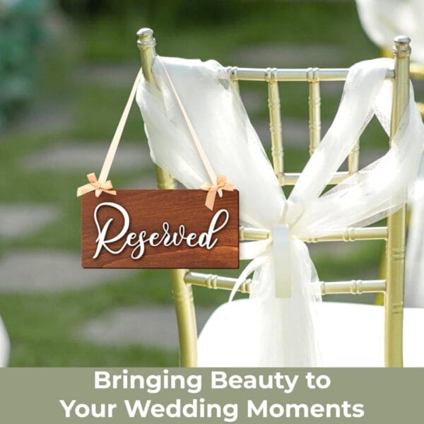 Reserved wooden wedding chair sign with white sash. Custom wedding decor.