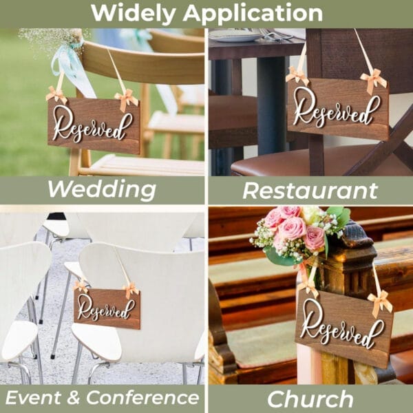 Four examples of "Reserved" wooden wedding signs at a wedding, restaurant, event, and church.