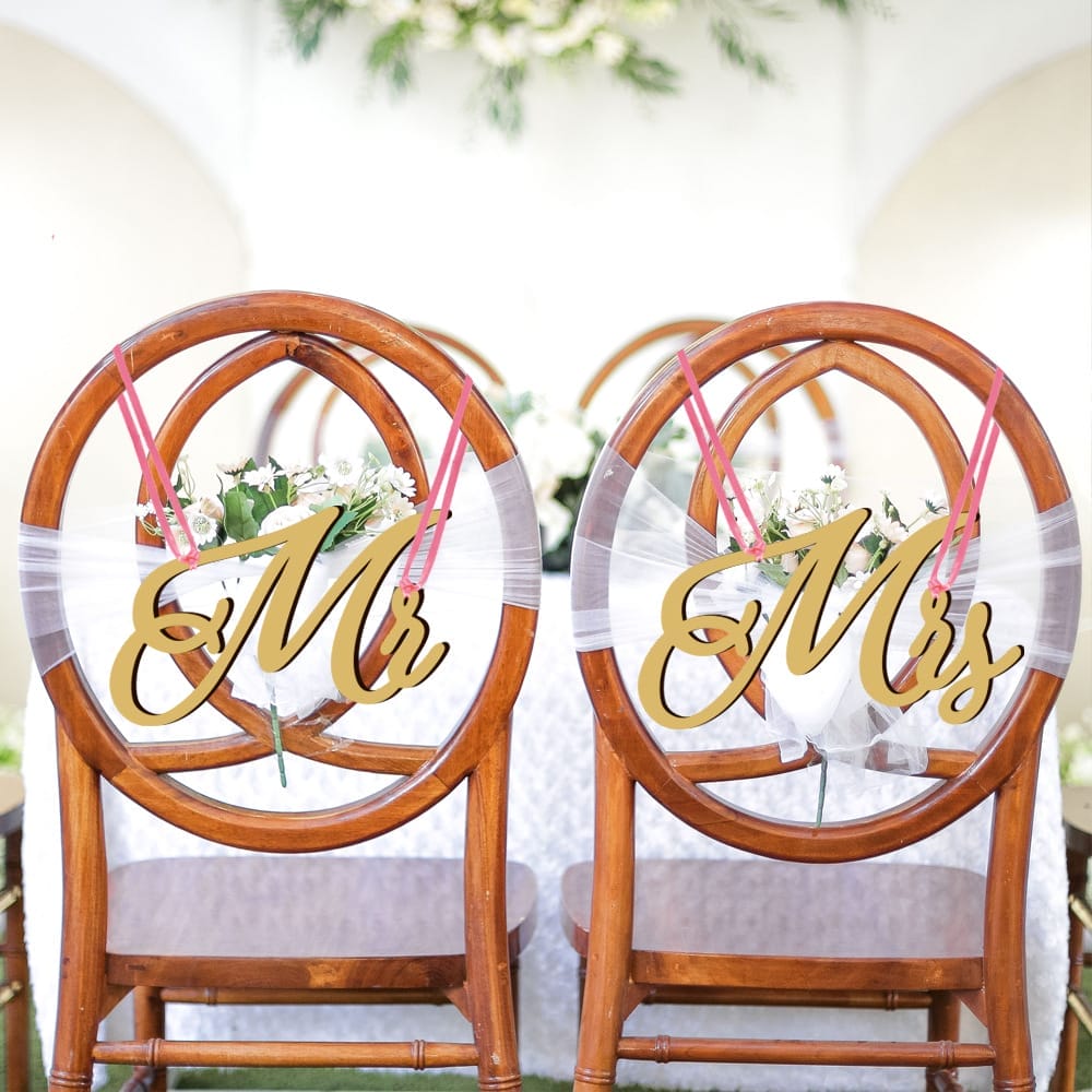 Wooden "& Mr" & "& Mrs" chair signs for wedding decor. Custom wedding chair signs.