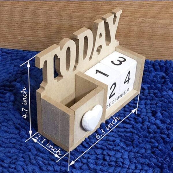 Wooden desk calendar displaying "TODAY" with December 12-13-14. Customizable wooden decor.