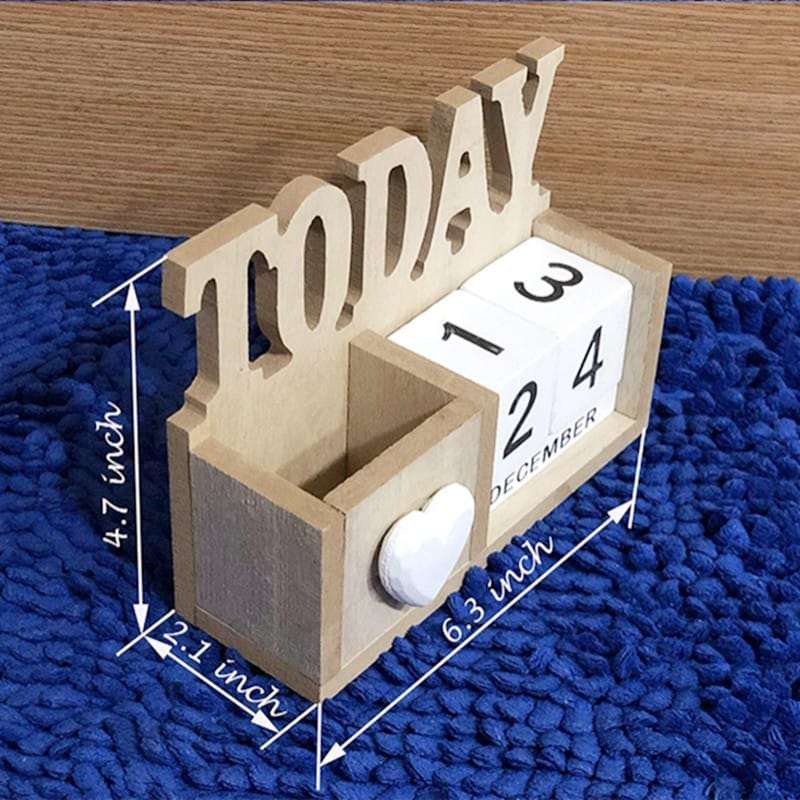 Wooden desk calendar displaying "TODAY" with December 12-13-14. Customizable wooden decor.