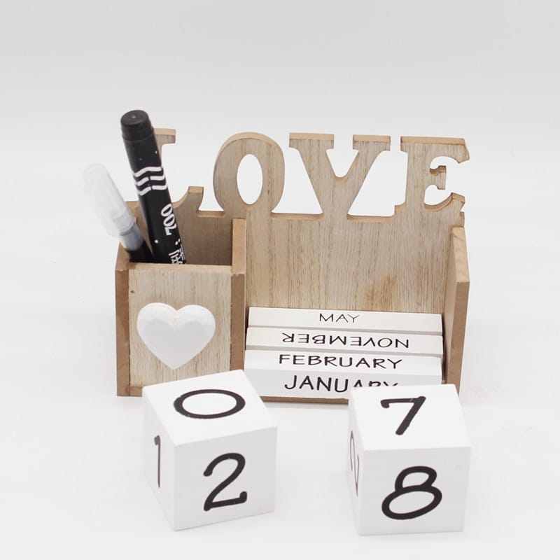 Wooden LOVE desk organizer with calendar and pens. Perfect for custom hanging decorations.