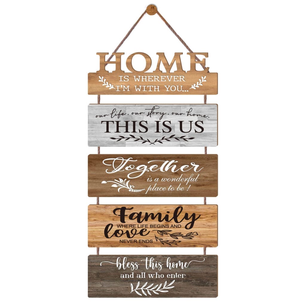 Wooden arrow signs with family-themed messages: "Home is wherever...", "This is us", "Together", "Family Love", "Bless this home".
