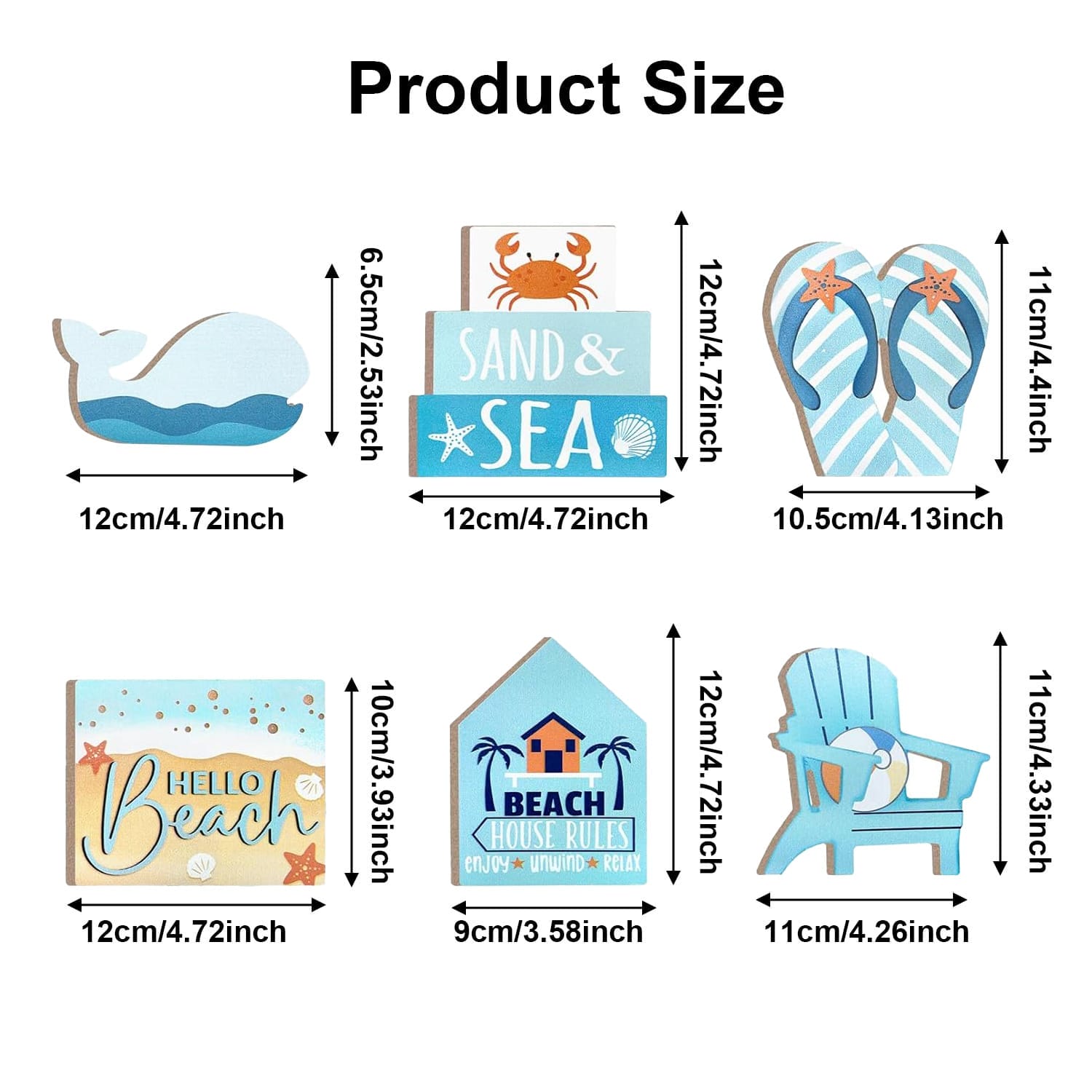 Wooden beach signs: whale, flip-flops, beach house, and beach chair. Perfect for cabin themes.