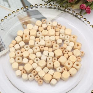 Wooden cube beads in natural color; wholesale wood beads with large holes, ideal for crafting.