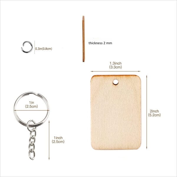Wood Keychain Blanks Wholesale: Rectangle wood keychain blank, 2x1.3 inches, with ring. Perfect for DIY crafting.