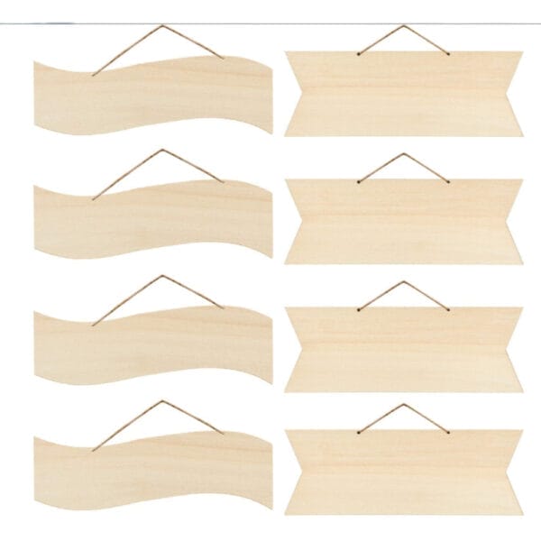 Six unfinished wooden blanks wholesale, three wavy and three rectangular, ready for customization. Wholesale wooden signs.