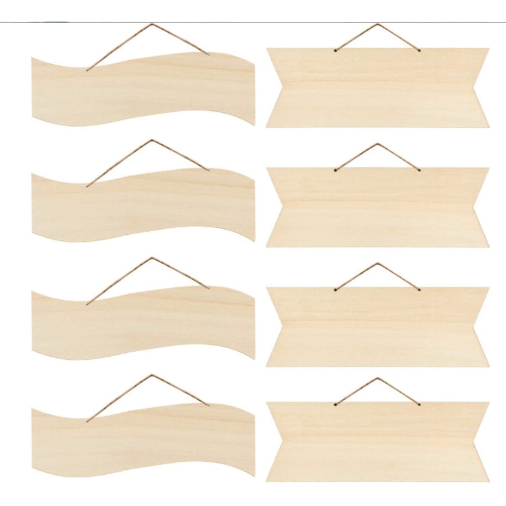 Six unfinished wooden blanks wholesale, three wavy and three rectangular, ready for customization. Wholesale wooden signs.