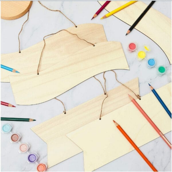 Assortment of unfinished wooden sign blanks, perfect for DIY projects or wholesale orders. Custom laser cutting available.