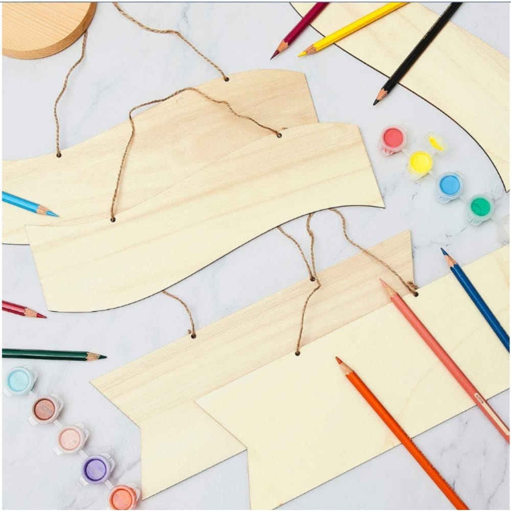 Assortment of unfinished wooden sign blanks, perfect for DIY projects or wholesale orders. Custom laser cutting available.