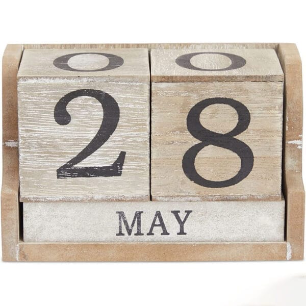 Wooden block calendar showing May 28. Eco-friendly calendar for wholesale.