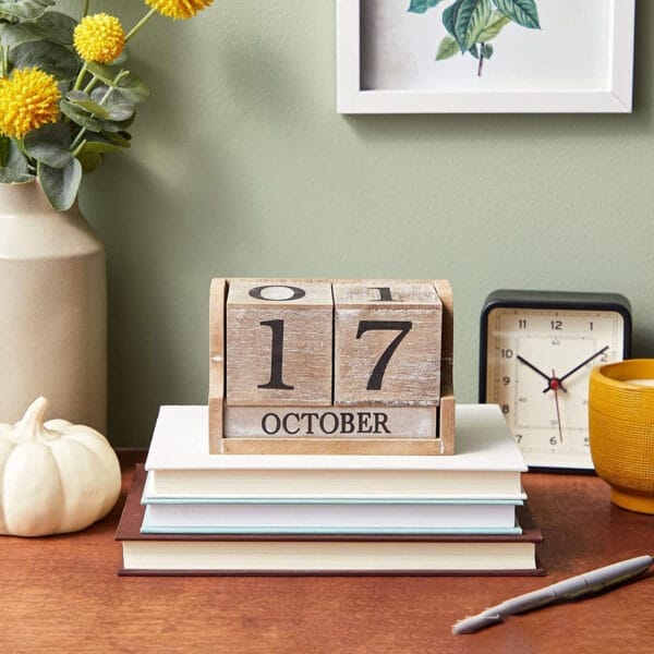 Wooden block calendar showing October 17th. Eco-friendly calendar for wholesale.