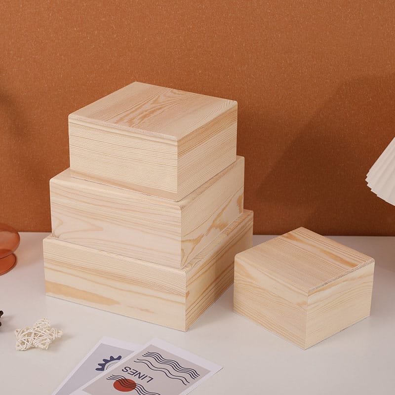 Set of four custom pine wood keepsake boxes; stackable storage solution for crafts or keepsakes. Unfinished wood.