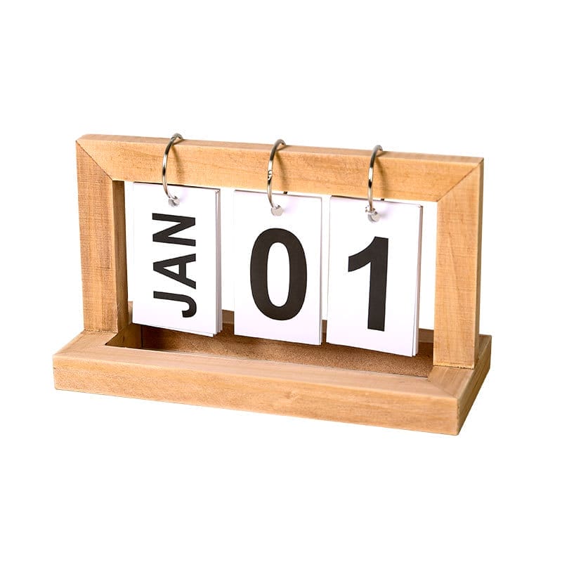 Wooden perpetual calendar showing January 1st. Eco-friendly flip calendar design.