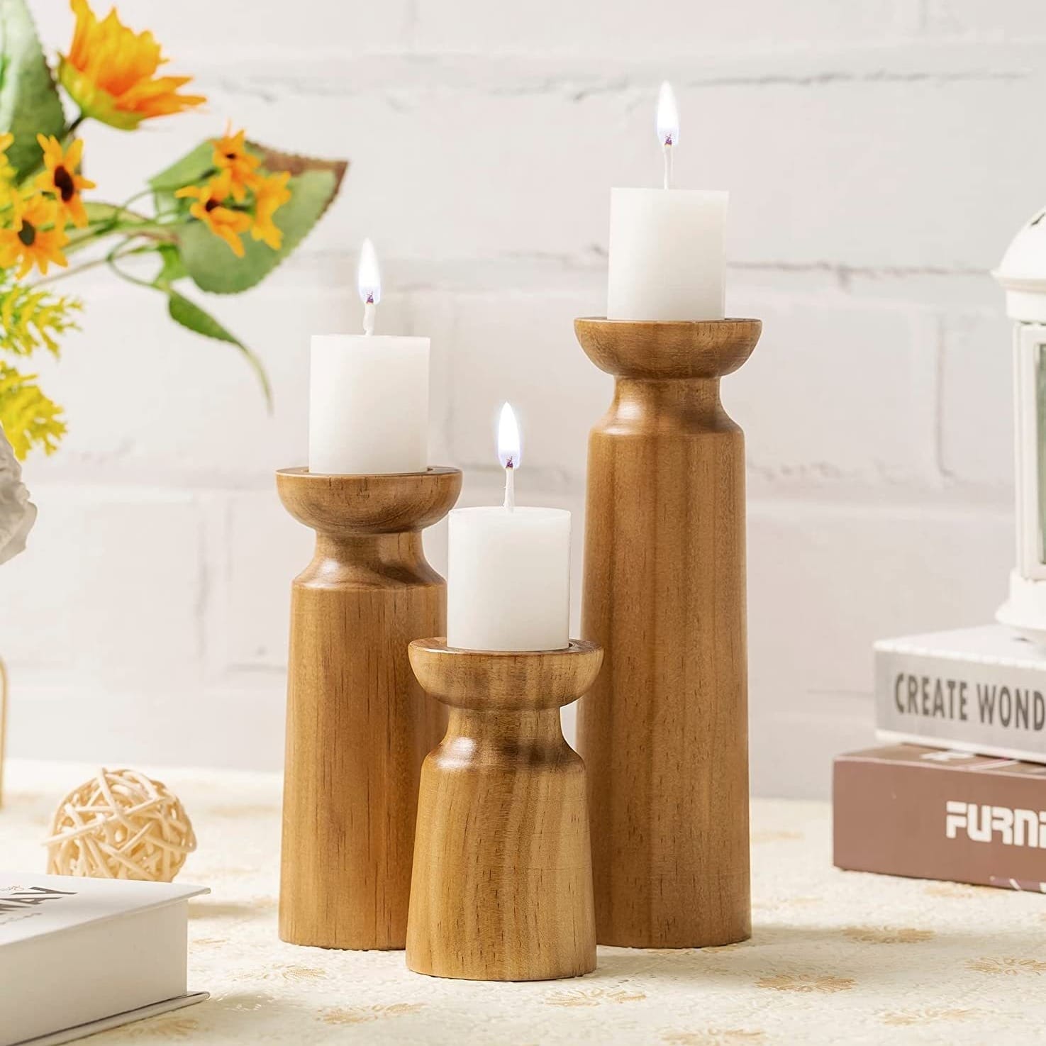 Three wooden candle holders candlestick holder. Wholesale wooden candle holders available.