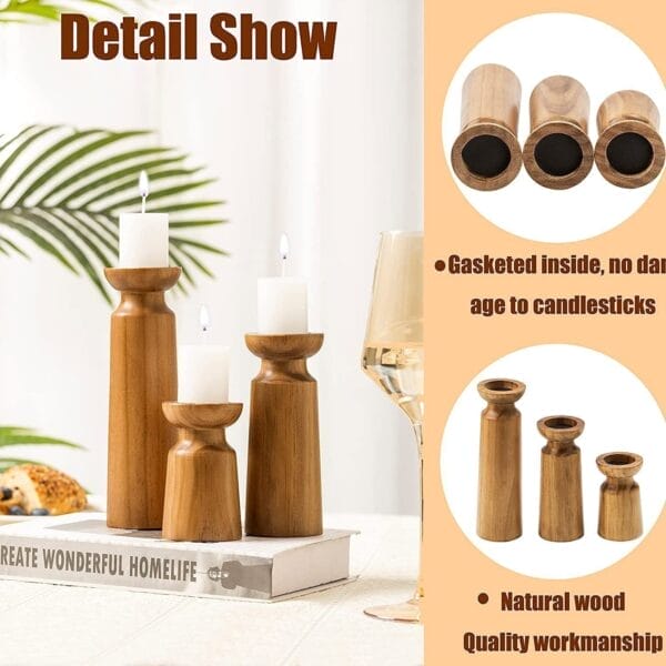 Wooden candle holders on a table, showcasing candlestick holder details and quality craftsmanship
