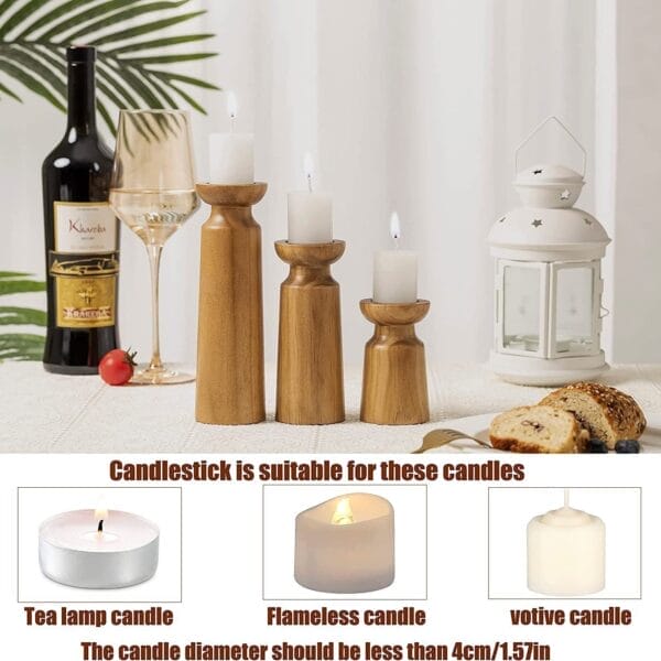 Wooden candlestick holders with candles. Perfect for wholesale.