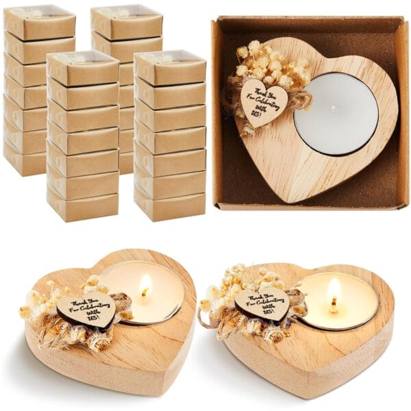 wooden candlesticks with "Thank You" message, perfect wedding favors. Wholesale supplier.