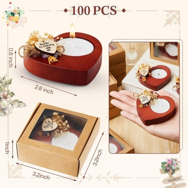 Heart-shaped wooden candle holders with dried flowers, perfect for wedding favors. Wholesale available.