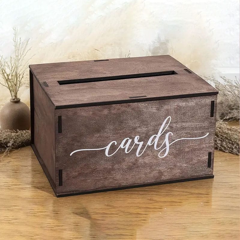 Rustic Wooden Card Box: Solid wood gift card holder for weddings, featuring elegant "cards" lettering.