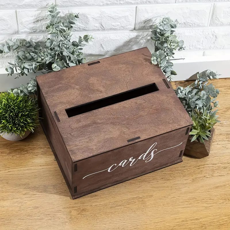 Custom Wooden Wedding Card Box: Rustic solid wood card holder for weddings, perfect for collecting guest cards.