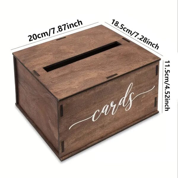 Rustic wooden wedding card box, perfect for collecting wedding cards and gifts. Solid wood construction.