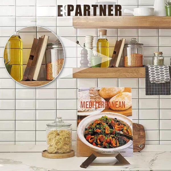 Wooden cookbook stand displaying a Mediterranean cookbook. Perfect kitchen organizer & book holder.