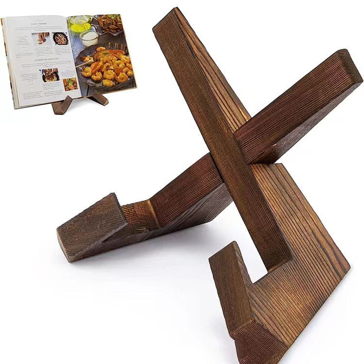 Wooden cookbook stand, a stylish wood book holder and display rack for recipes and books.