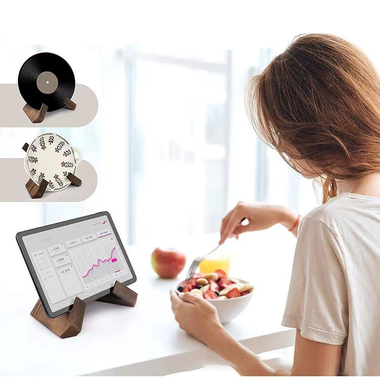 Versatile wooden stand for tablets, cookbooks, records, and more. Perfect as a display rack or reading stand.