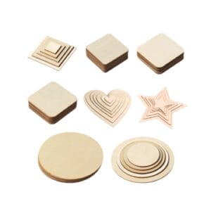 Wholesale Wooden Craft Discs: Assorted shapes and sizes of wooden discs, including round, square, heart, and star shapes, perfect for crafting.