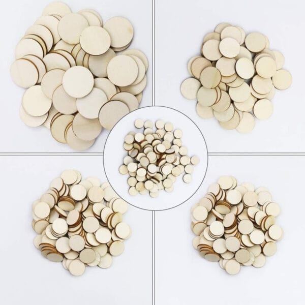 Assorted round wooden discs for crafting displayed in a grid layout