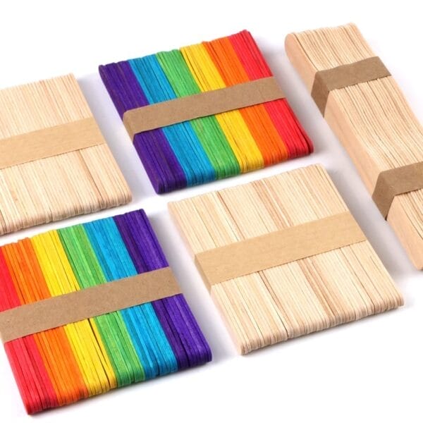 Assorted Wooden Craft Sticks: Rainbow & natural wood popsicle sticks, perfect for DIY crafts and projects. Bulk packs available.