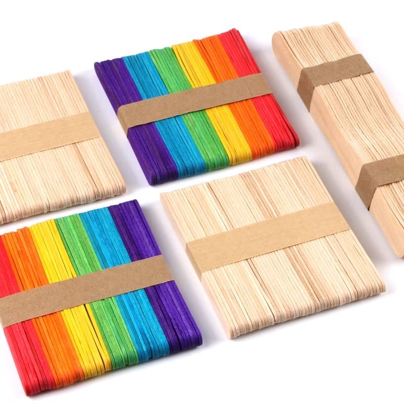 Assorted Wooden Craft Sticks: Rainbow & natural wood popsicle sticks, perfect for DIY crafts and projects. Bulk packs available.